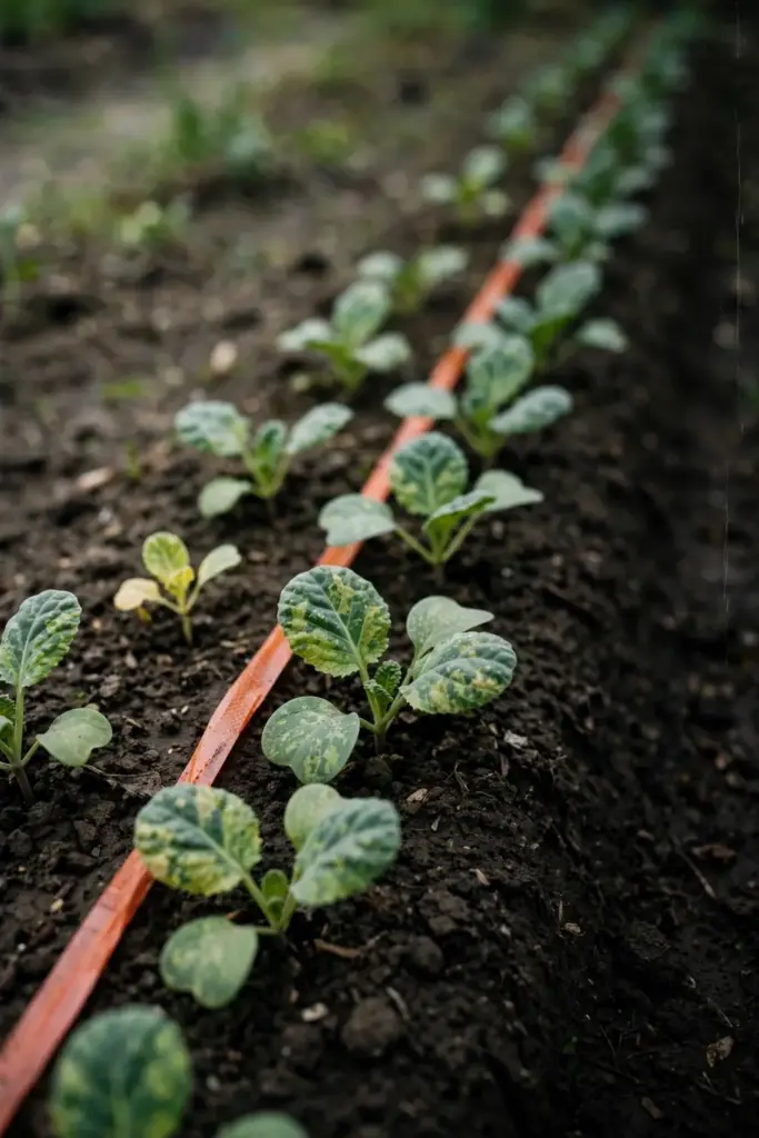 Young cabbage seedlings with early mosaic in a seedling bed.