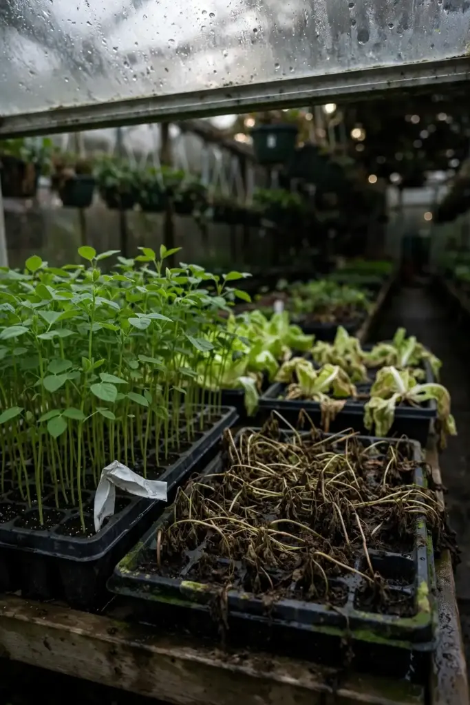 Greenhouse bench of seedling trays with patches of collapsed young plants.
