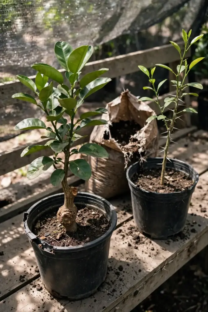 Two young pomelo trees in nursery pots, one with a visible graft scar