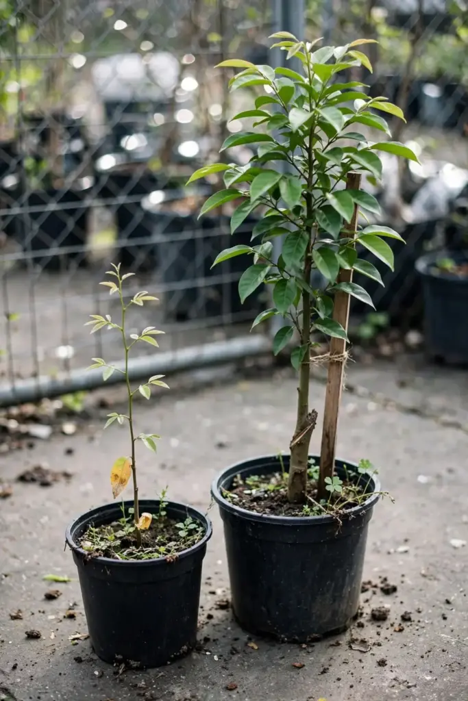 Small star apple seedling beside a taller grafted sapling in nursery pots