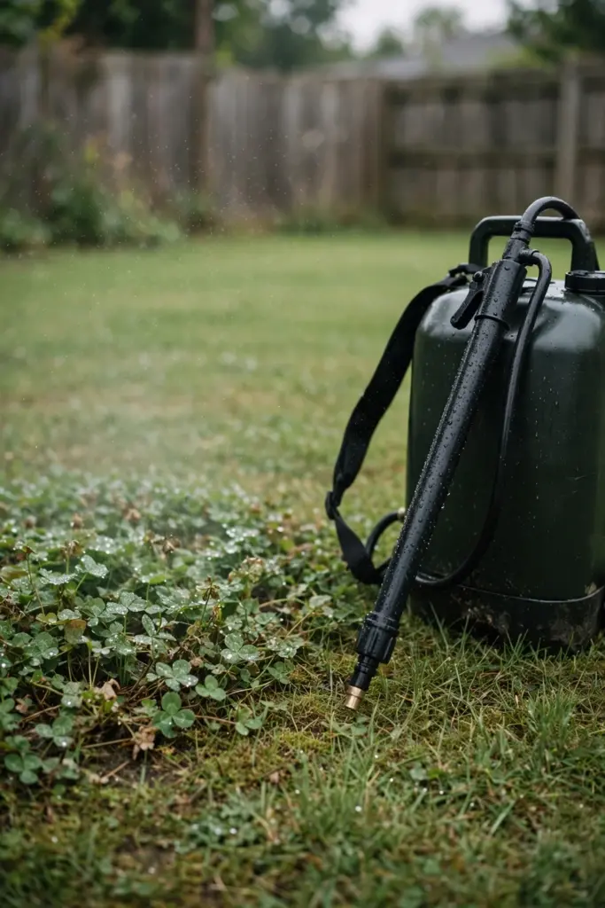 Knapsack sprayer applying a fine mist over a Couch lawn on a calm morning