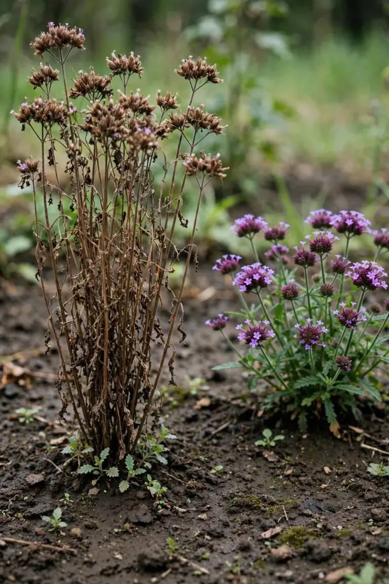 Verbena clump with ripe seed heads beside a deadheaded clump still in purple flower