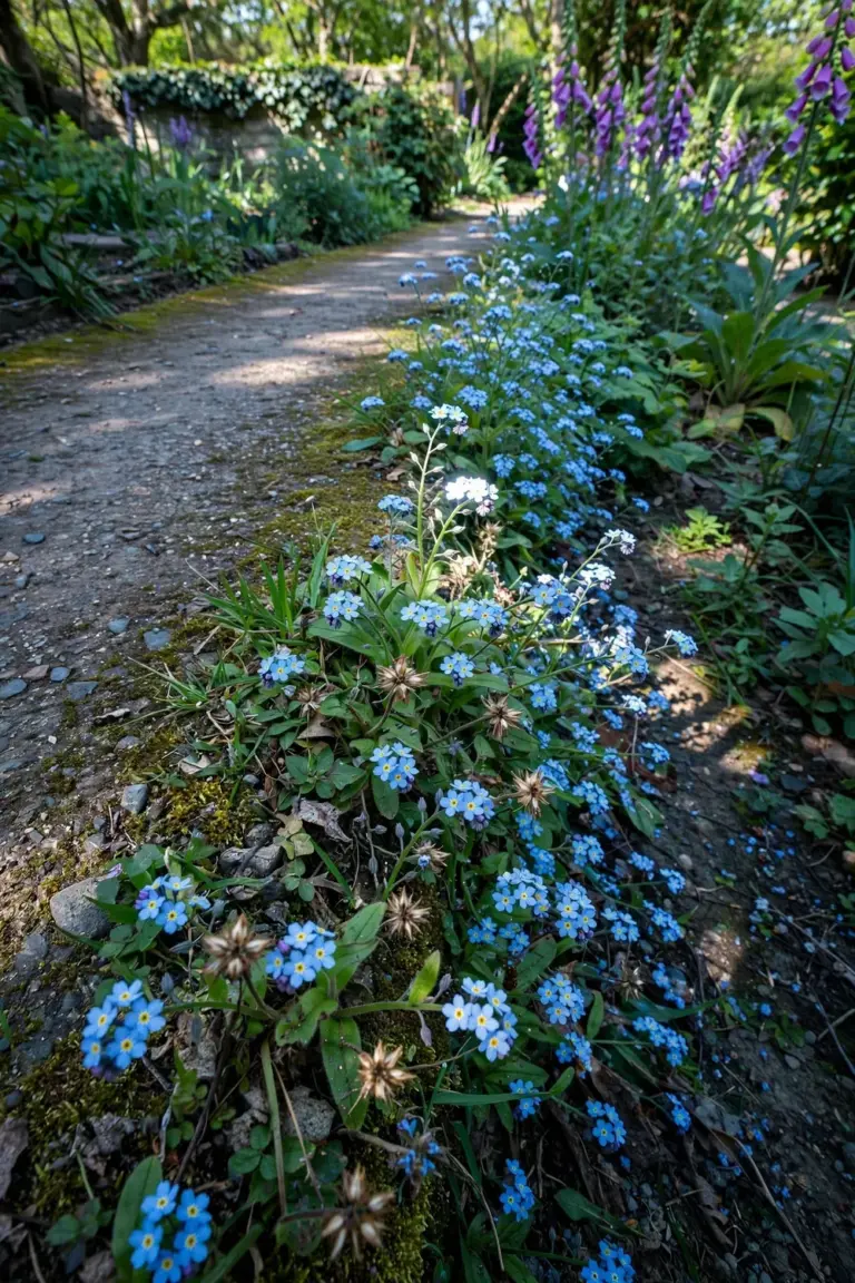 Self-sown colony of forget-me-nots along a garden path in spring
