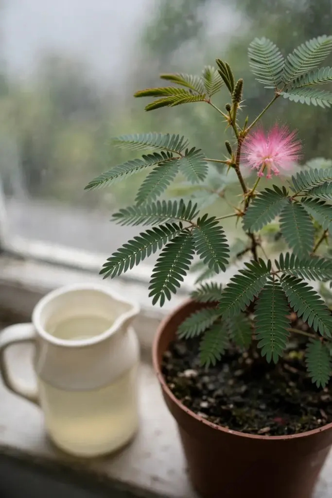 Small jug of diluted liquid fertilizer beside a potted sensitive plant