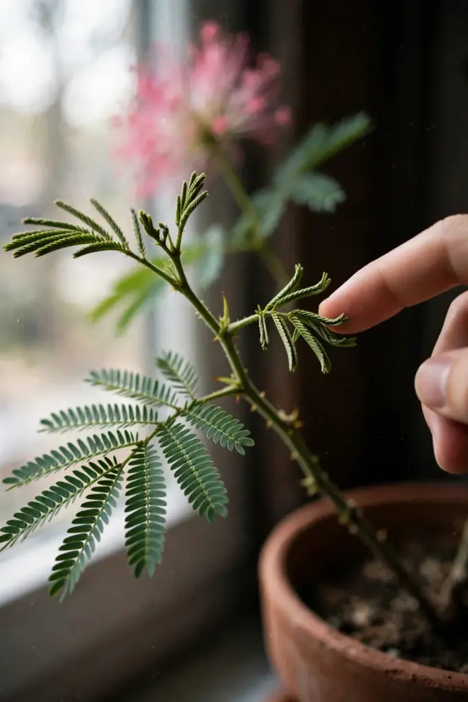One hand touching a single sensitive plant leaflet as its leaflets fold inward