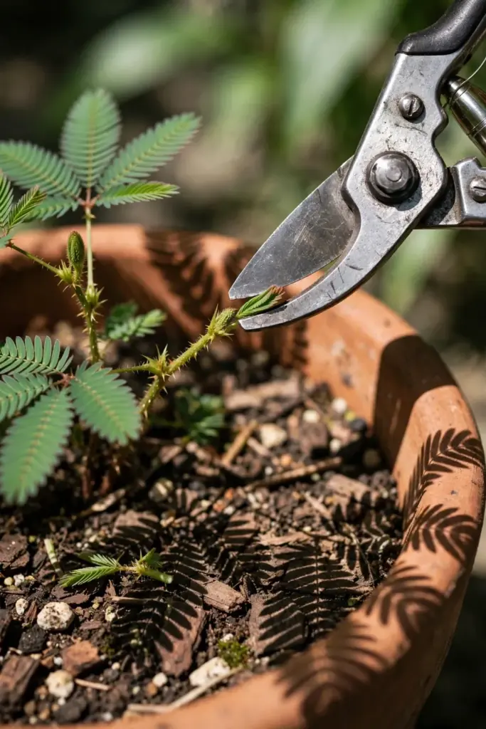Pruning shears closed on a sensitive plant shoot tip above the pot