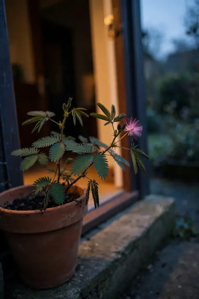 Potted sensitive plant at an open doorway at dusk before a cold night