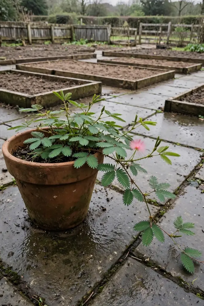 Potted sensitive plant standing alone on a patio with garden beds behind