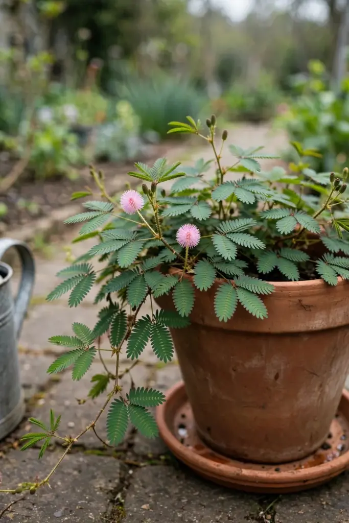 Potted sensitive plant on a patio showing the complete container setup