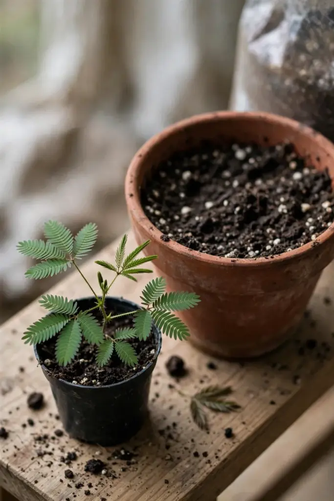 Young sensitive plant seedling beside a pot of fresh loam-based mix
