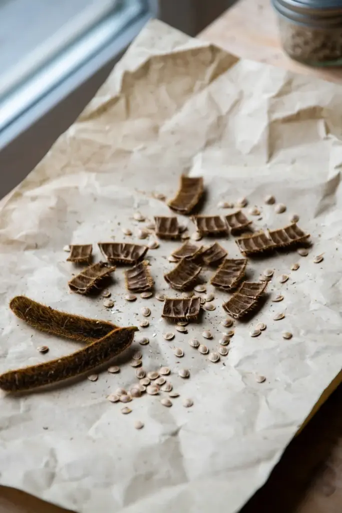 Brown crisp sensitive plant seed pods over paper with pale seeds
