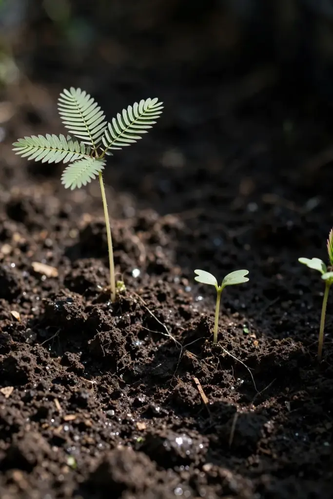 Sensitive plant seedlings at successive stages pushing through dark crumbly soil