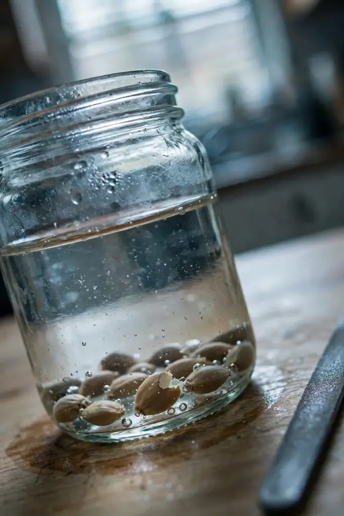 Small pale brown sensitive plant seeds nicked and soaking in a glass jar of water