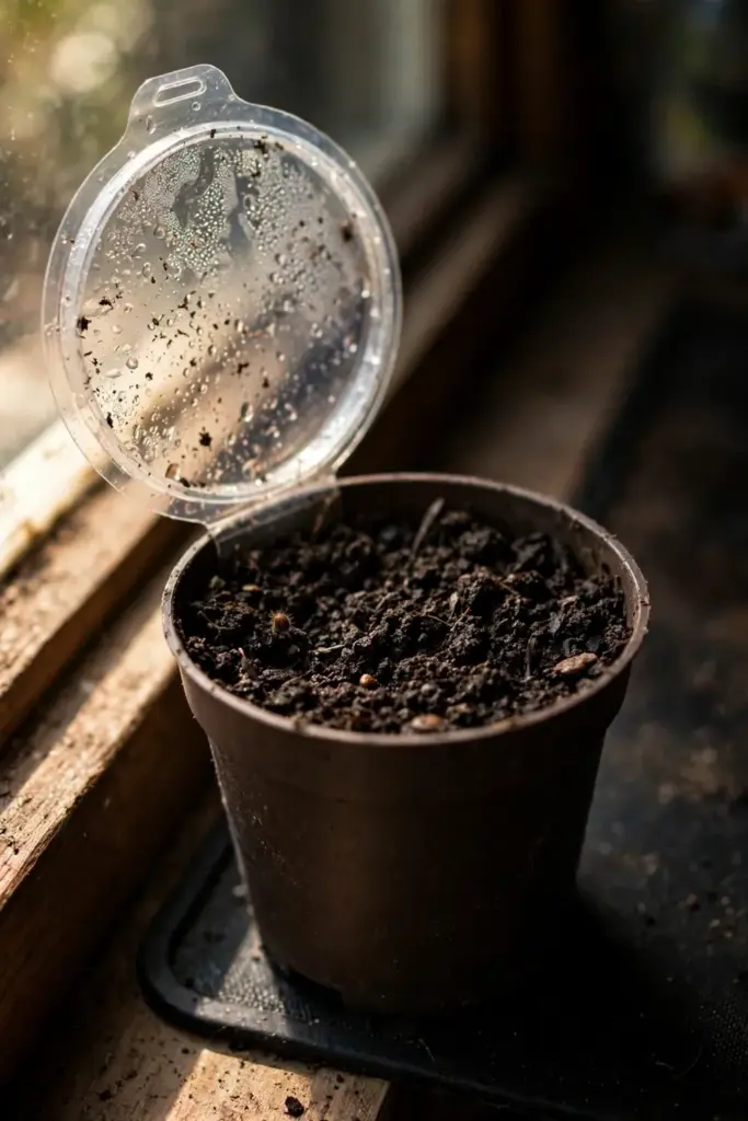 Small pot of damp seed mix with a clear lid, seeds just under the surface