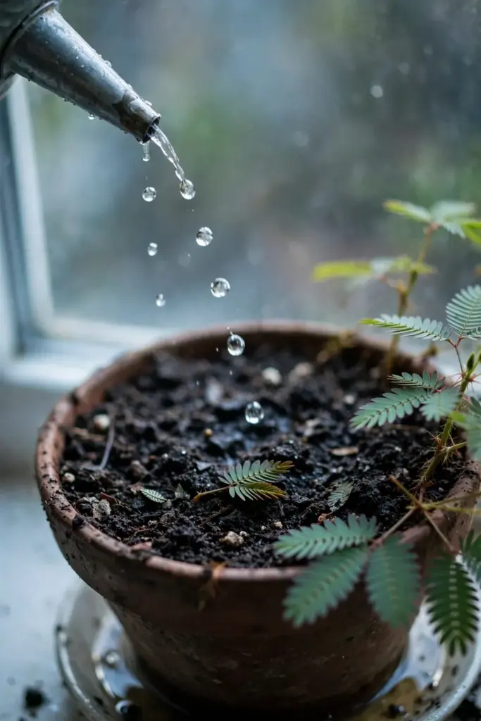 Water droplets falling from a watering can spout onto potting mix