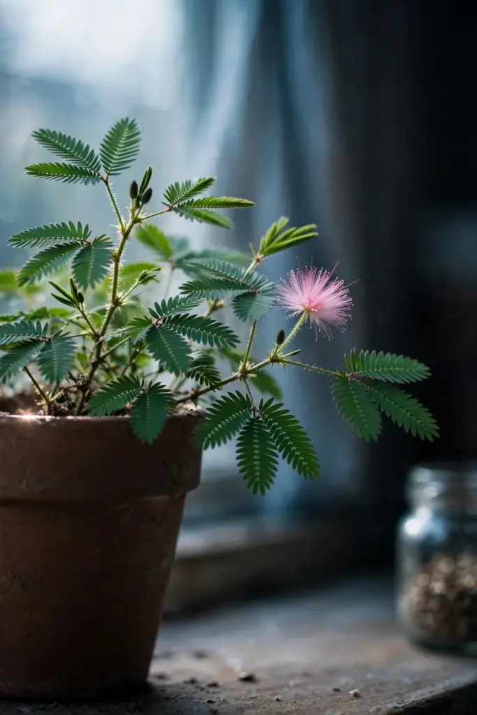 Sensitive plant on a windowsill in morning light with leaves open