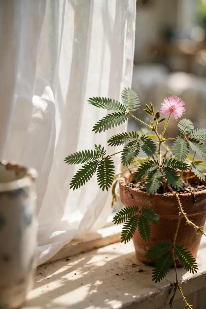 Sensitive plant on a bright windowsill behind a sheer curtain