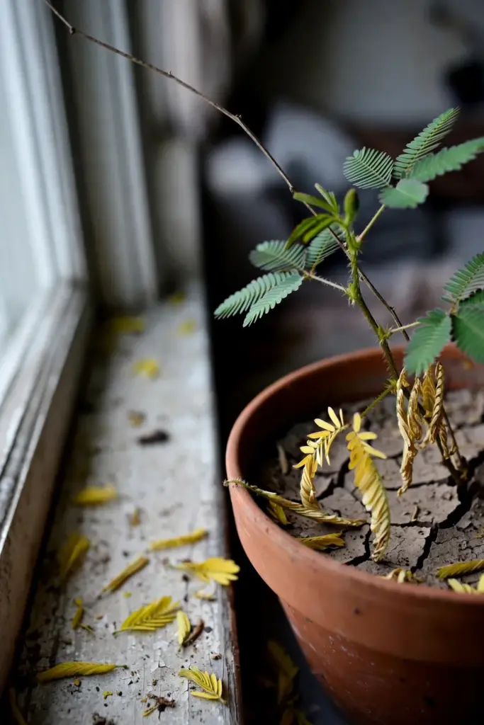 Sensitive plant with yellowing lower leaves and dry potting mix