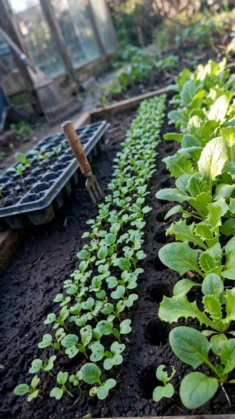 September bed of young spinach and lettuce seedlings in neat rows