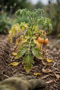Tomato plant thinning from septoria leaf spot with spotted lower leaves and a mitt holding one leaf