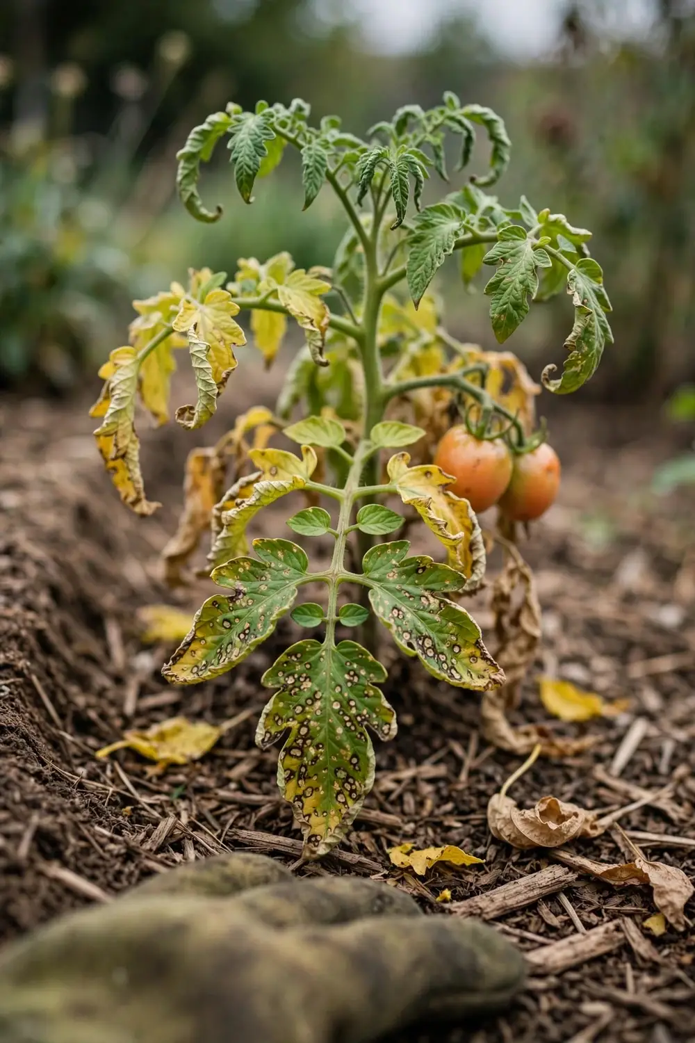 Tomato plant thinning from septoria leaf spot with spotted lower leaves and a mitt holding one leaf