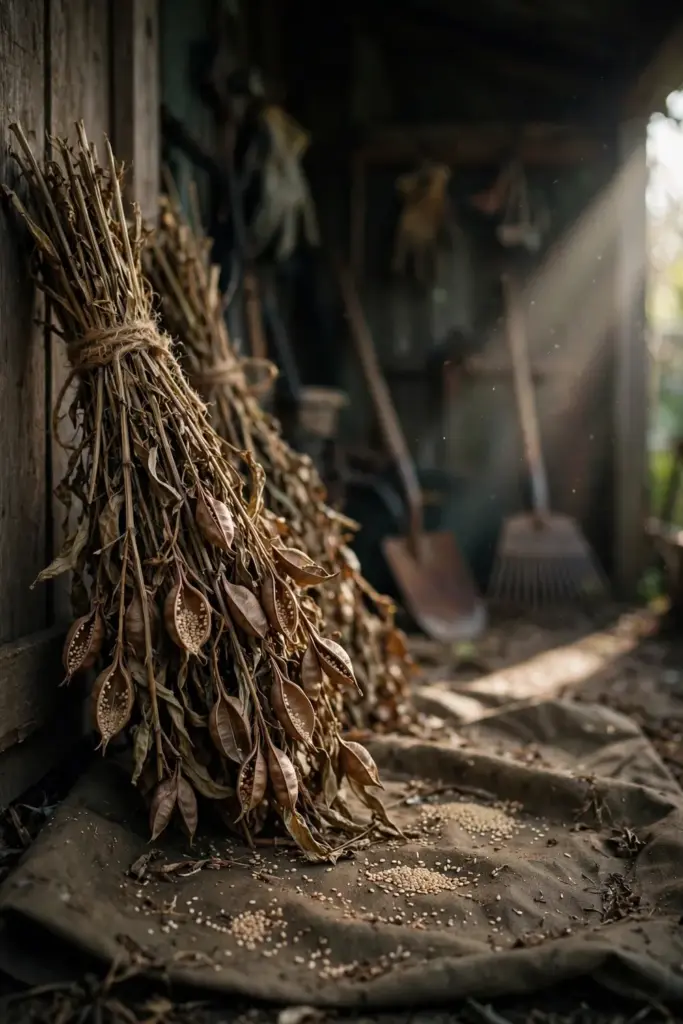 Bundles of sesame plants drying upright in a shed over a catch tarp