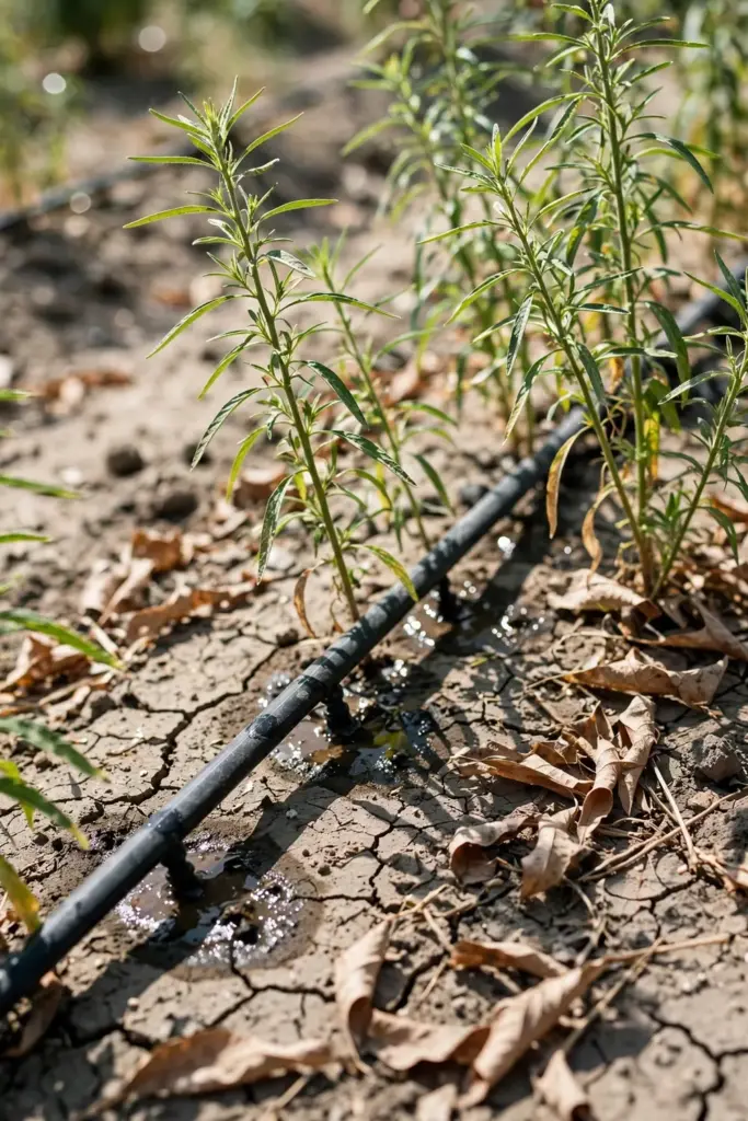 Sesame row with drip irrigation line and dry soil surface between waterings