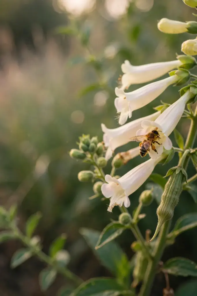 Close-up of sesame flowers with a bee visiting the tubular blooms