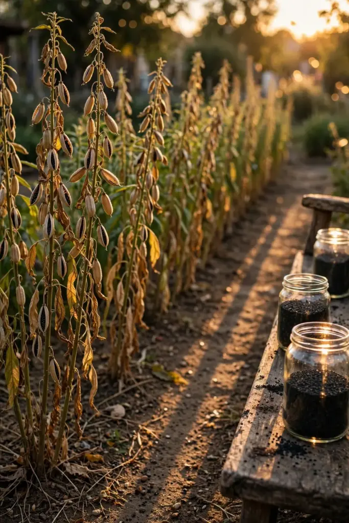 Garden row of sesame plants at golden hour with seed jars on a wooden bench