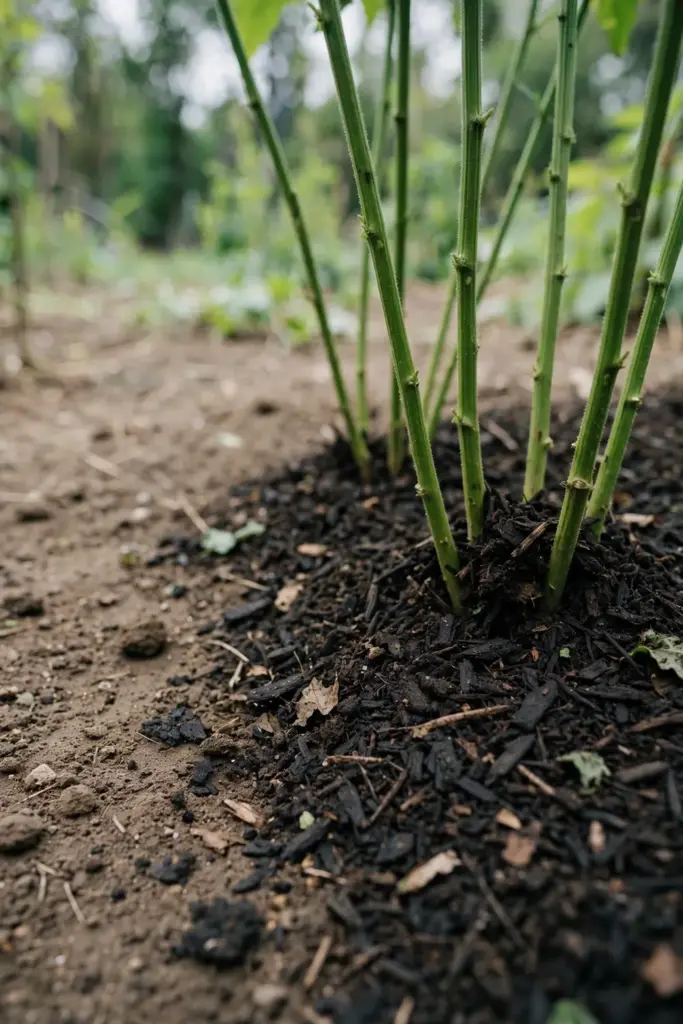 Thin compost mulch spread around the base of growing sesame plants