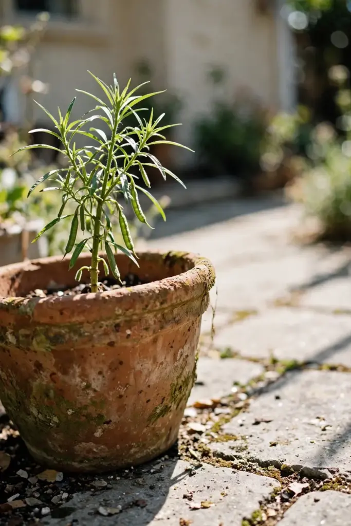 Sesame plant growing in a wide terracotta pot on a sunny patio