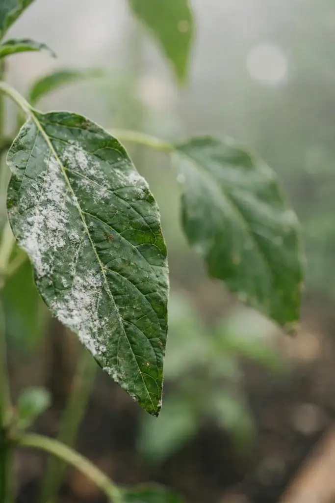 Sesame leaves with powdery mildew coating in humid late summer