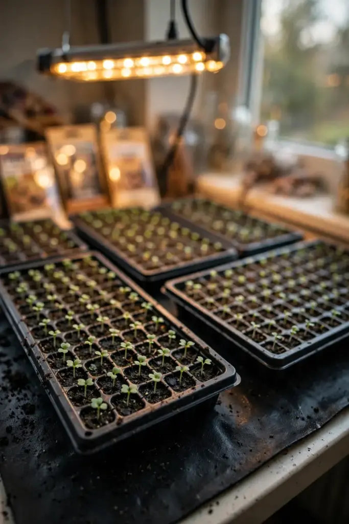 Sesame seedling trays on a heat mat under grow lights indoors