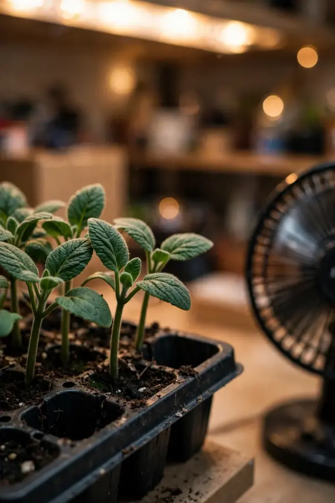 Sturdy sesame seedlings in cells under bright light with a small fan nearby