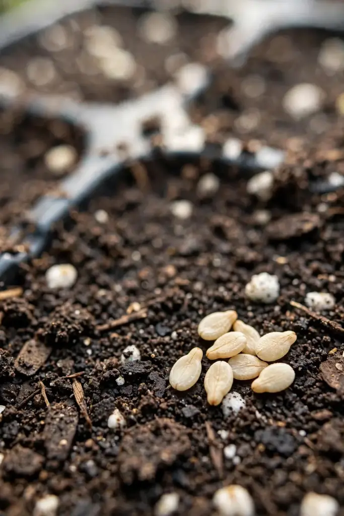 Macro of tiny sesame seeds pressed shallow into dark seed-starting mix