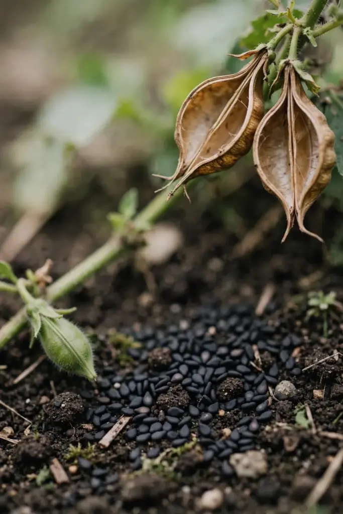 Split sesame pods spilling black seeds onto garden soil after a late harvest