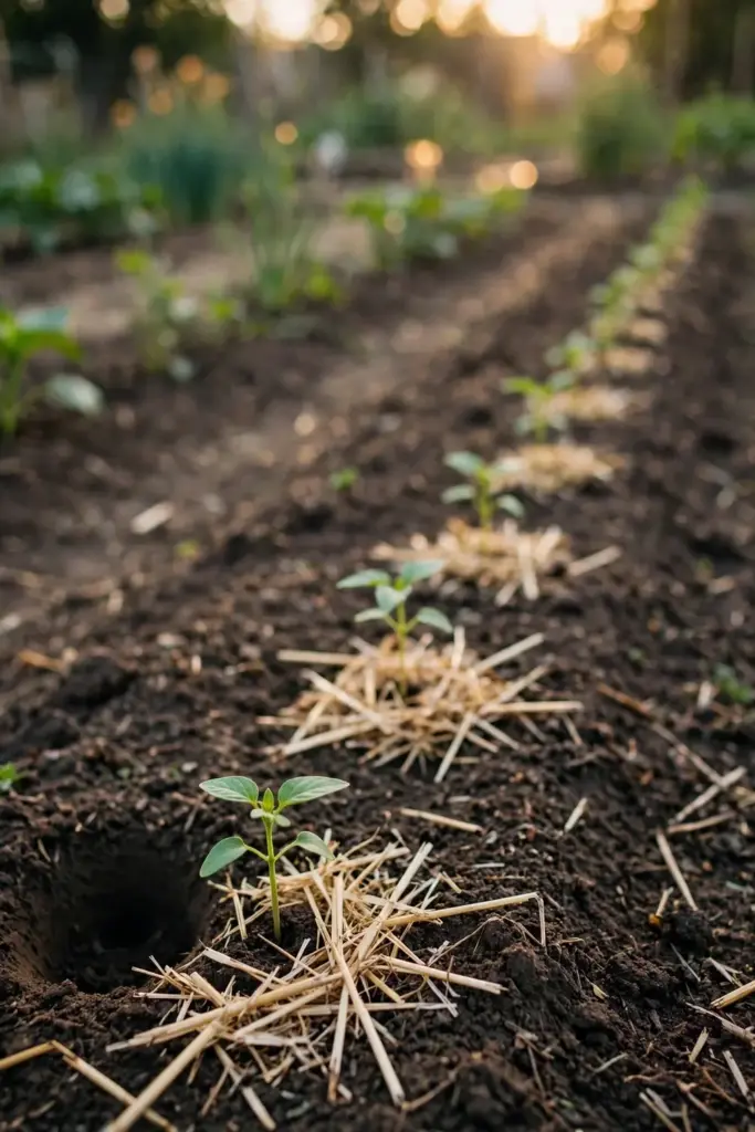Young sesame transplants spaced in a garden row with mulch around their bases