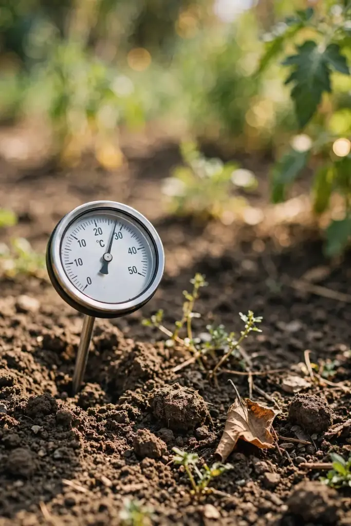 Soil thermometer reading in a sunny garden bed prepared for warm-season planting