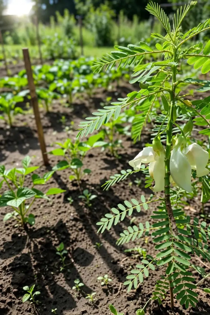 Sesbania grandiflora grown as an annual in a sunny temperate vegetable bed in summer