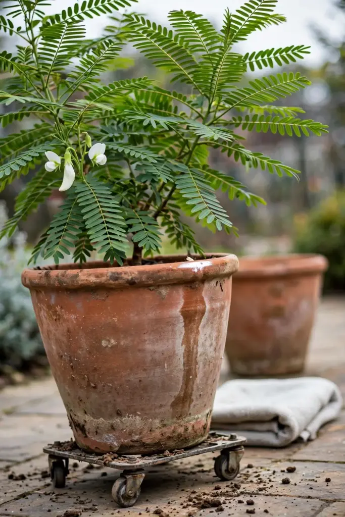 Sesbania grandiflora tree in a large terracotta pot on a sunny patio
