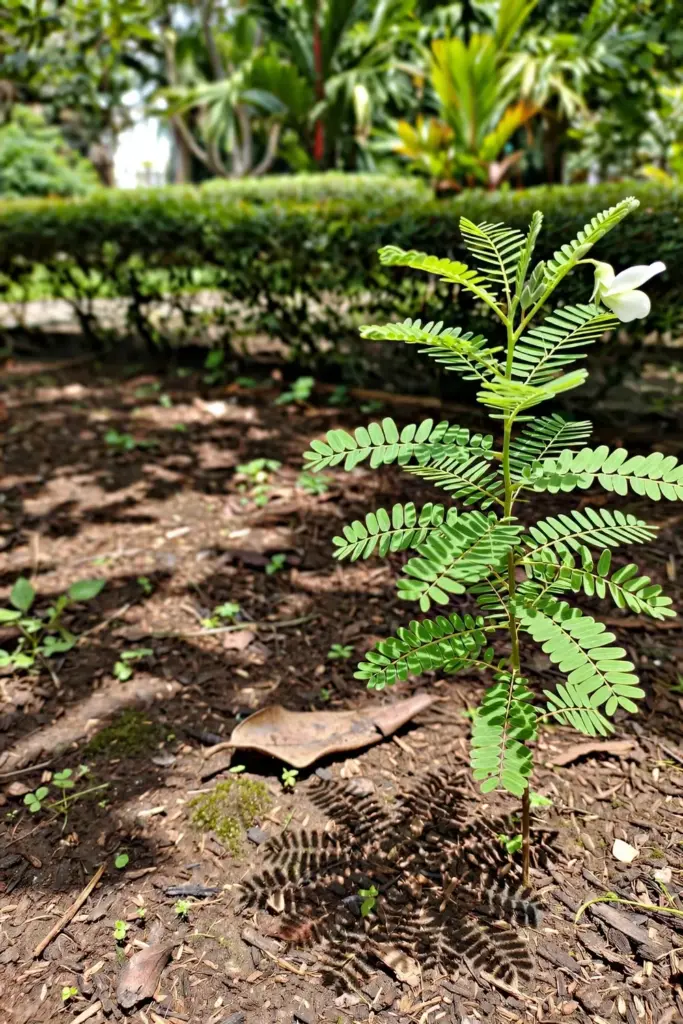 Sesbania grandiflora sapling in full sun against a bright tropical sky with no frost damage