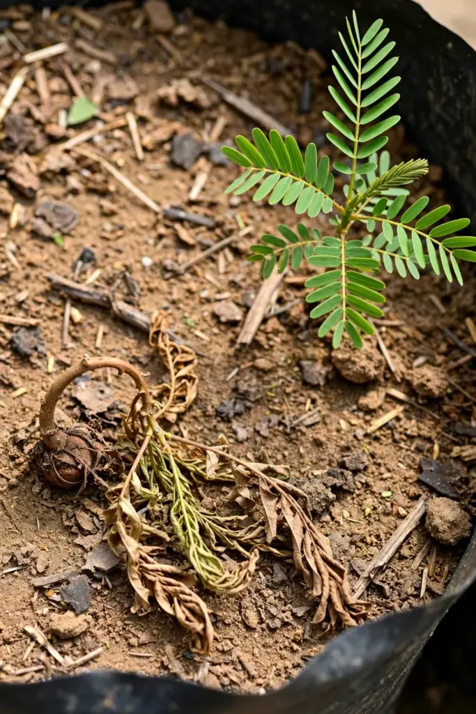 Sesbania grandiflora seedling collapsed at the soil line in dry potting mix beside a healthy seedling