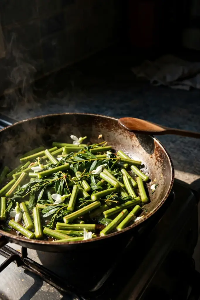 Sesbania grandiflora young pods and leaves stir-frying in a pan in a home kitchen