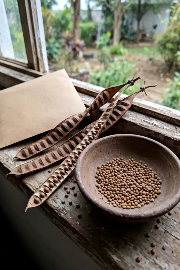 Dry brown sesbania grandiflora pods with loose seeds in a bowl beside a paper envelope