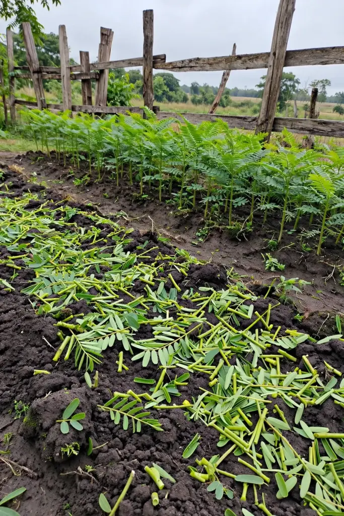 Cut sesbania grandiflora growth dug into a garden bed as green manure