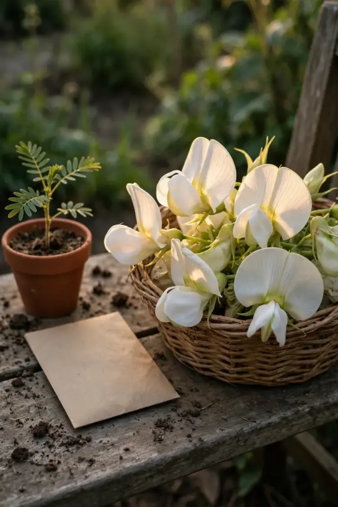 Basket of sesbania grandiflora flowers beside a seed envelope and a potted seedling