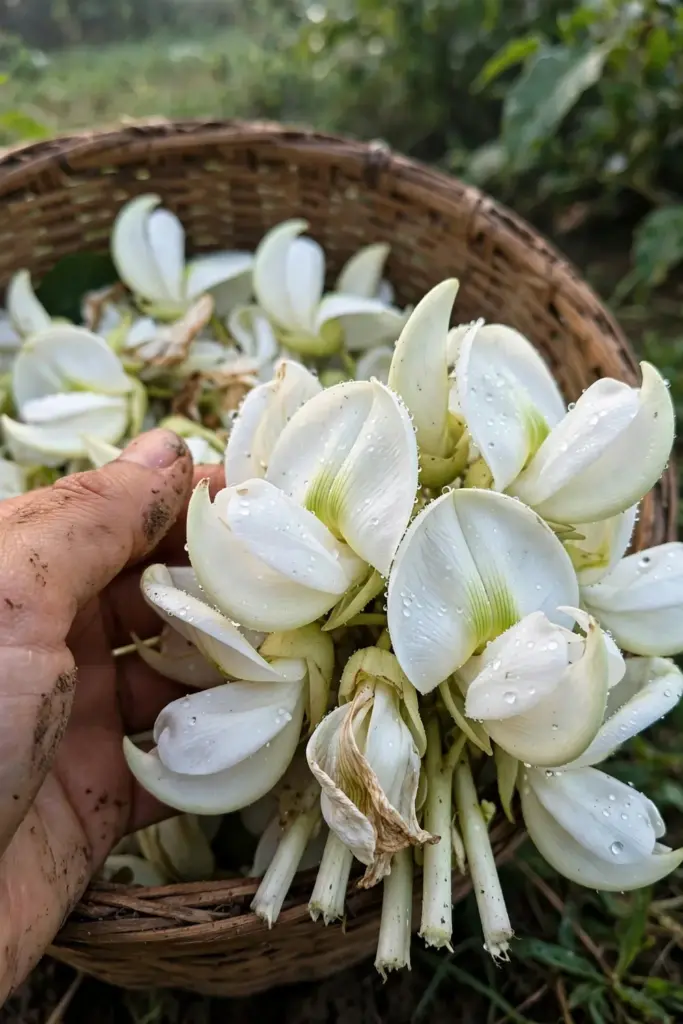 A hand cradling freshly picked sesbania grandiflora flowers over a woven basket at dawn