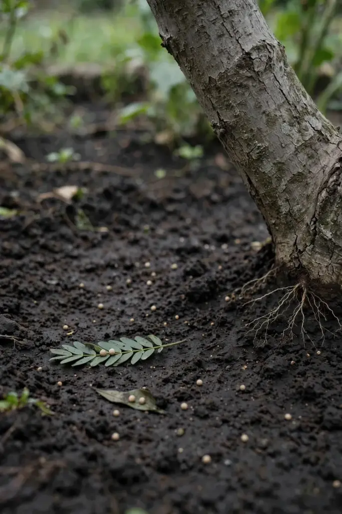 Balanced fertilizer granules scattered on soil away from a sesbania grandiflora trunk