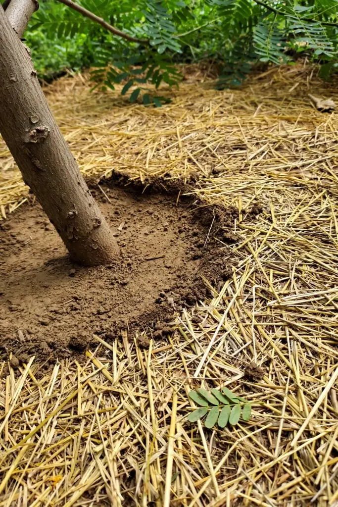 Mulched root zone of a sesbania grandiflora tree with a clear ring around the trunk