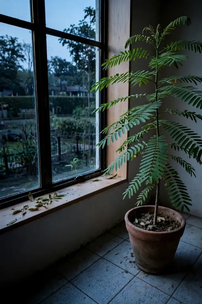 Potted sesbania grandiflora tree by a bright indoor window before a cold night